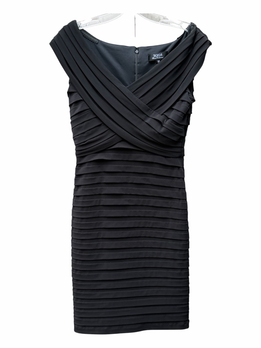 Tadashi Black Pleated Crossover V-Neck Midi Dress- Stretches-Little Black Dress
